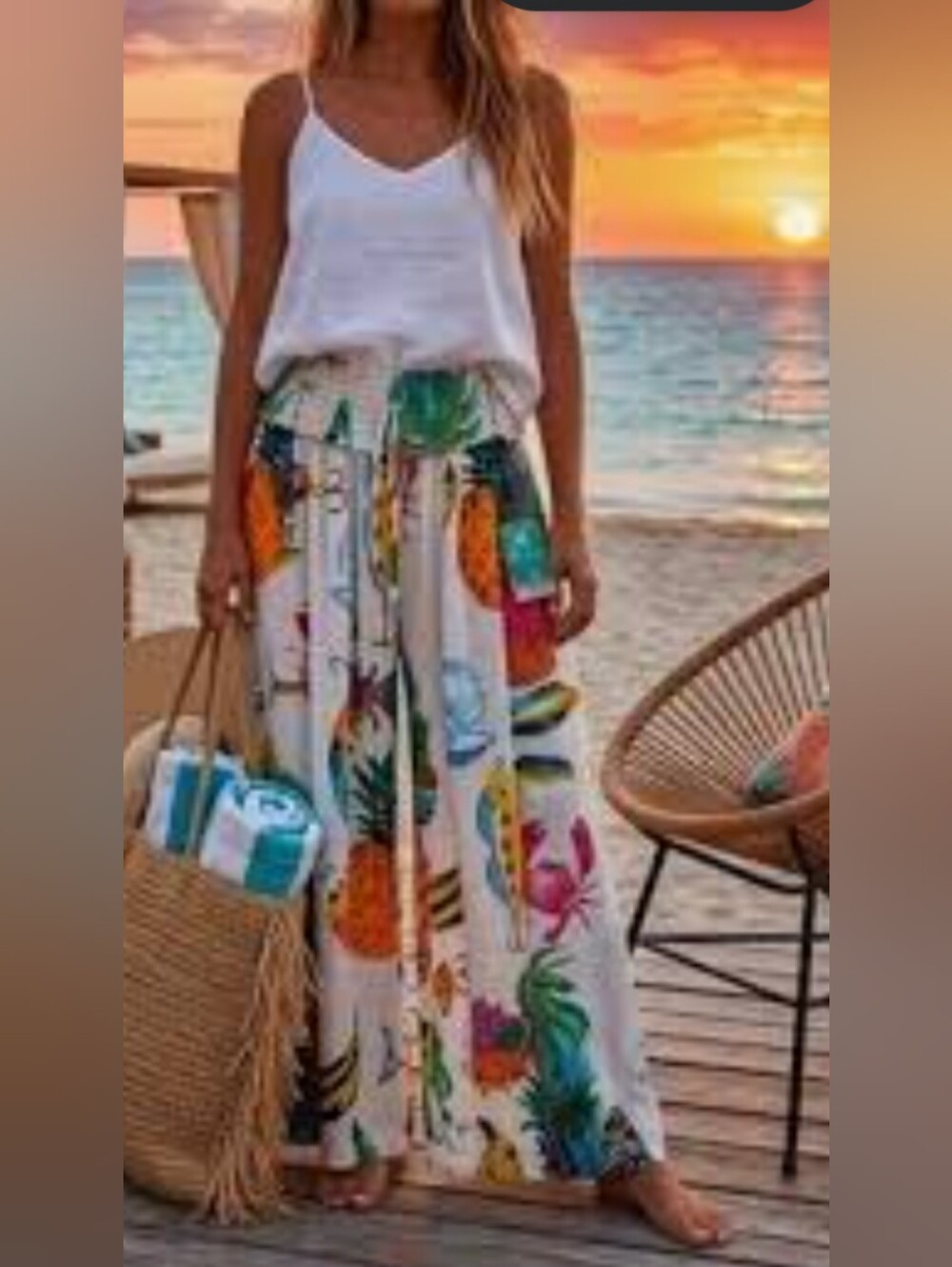 🌼B2G1🌼 True Destinations Tropical Wide-Leg Beach Pants Multi Fruit Fish Print